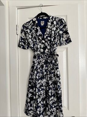 Anne Klein Navy and White Floral Wrap Dress with Tie Waist